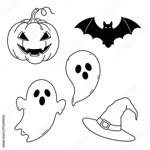 Black-and-white Halloween icons: sinister pumpkin, spooky ghosts, flying bat, witch hat.