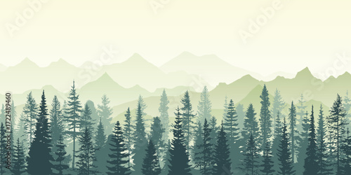 Mountain landscape, wild coniferous forest, misty silhouettes of ridges, vector illustration