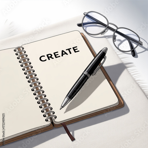 An open notebook with the word create, , alongside a pen and glasses, inspires creativity and the writing process