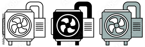 A series of three air conditioning units in different color