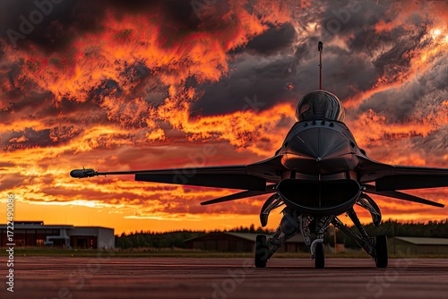 Fighter jet at sunset. Fiery clouds frame a dark jet on a tarmac