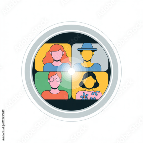 Diverse team members in a video conference call modern flat vector illustration of online meeting, virtual communication, and remote work