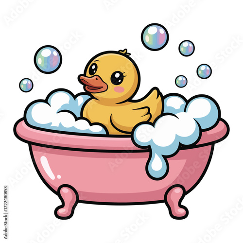 Cute kawaii bubble bath tub with rubber duck and bubbles, flat cartoon vector, pastel color, white background, transparent background