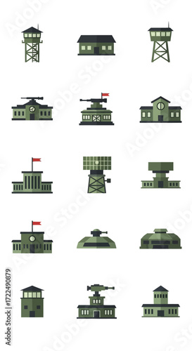 Military base structures and buildings in a strategic arrangement for defense.