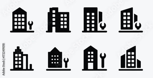 Black building maintenance icon set on white background vector illustration