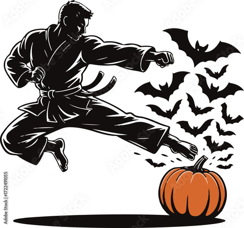 Halloween karate fighter pumpkin kick silhouette vector