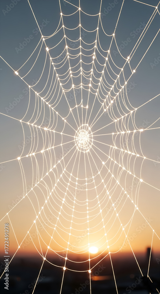 Obraz premium A metaphor for a robust and interconnected business network, a glowing spiderweb holds together perfectly, showcasing strength and design.