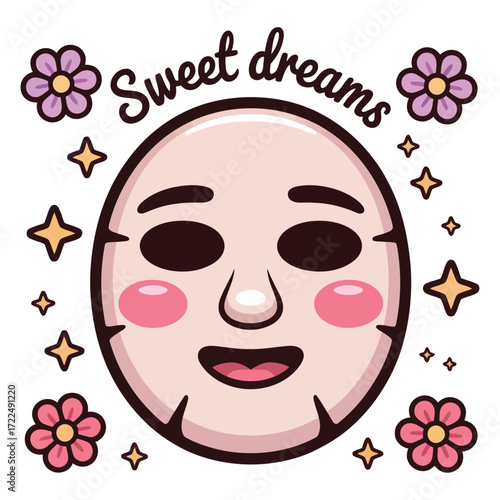 Cute kawaii face mask sheet with happy cheeks, flat cartoon vector, pastel color, white background, transparent background