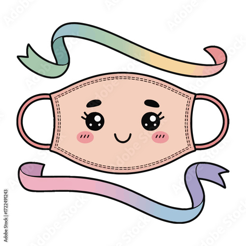 Cute kawaii face mask sheet with happy cheeks, flat cartoon vector, pastel color, white background, transparent background