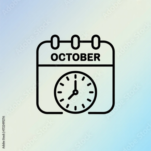 October calendar icon with a clock face, representing time management, scheduling, and important dates in the month of october