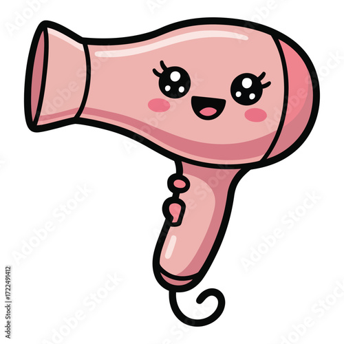 Cute kawaii hairdryer with smiling face, flat cartoon vector, pastel color, white background, transparent background
