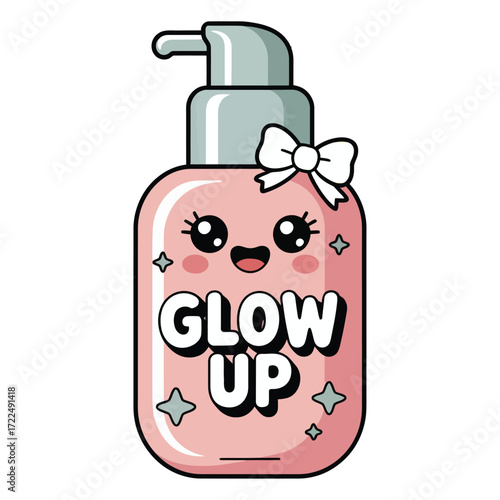 Cute kawaii skincare bottle with pump and smiling face, flat cartoon vector, pastel color, white background, transparent background