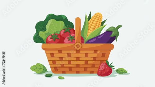 A basket full of fresh vegetables and fruits, including tomatoes, corn, eggplant, lettuce, and strawberry, for healthy eating