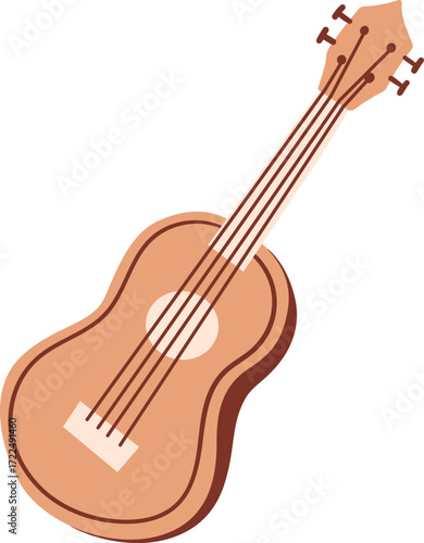 A cartoon ukulele with a light brown body and dark brown strings