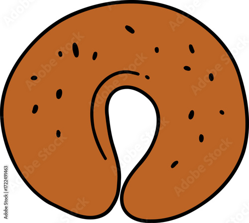A cartoonstyle drawing of a round brown bagel with black specks