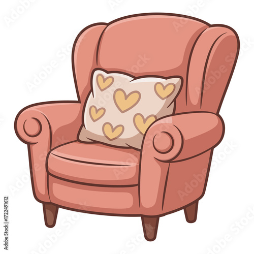 Cute kawaii cozy chair with pillow and sparkles, flat cartoon vector, pastel color, white background, transparent background