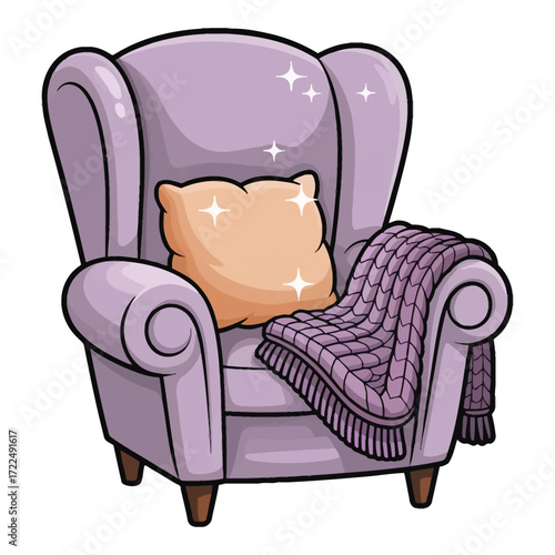 Cute kawaii cozy chair with pillow and sparkles, flat cartoon vector, pastel color, white background, transparent background