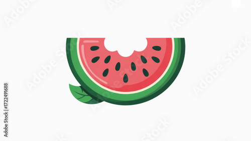 A half watermelon with a bite taken out of it, showing the red flesh and black seeds, with a green rind and a leaf