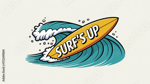 Surfs up logo featuring a surfboard riding a wave, perfect for summer vibes and beach adventures, conveying a sense of fun and excitement