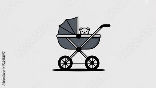 A gray baby stroller with a teddy bear inside is perfect for baby shower invitations, nursery decor, or babythemed designs