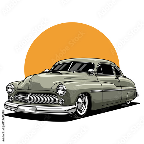 Classic Vintage Car Illustration with Retro Style and Sunset Background

