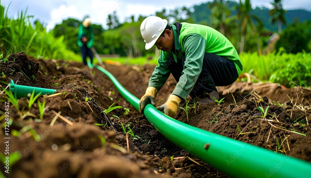 Fototapeta premium Two workers are shown in a lush, green field, one is focused on laying a bright green irrigation hose in a trench, with the other working in the background.