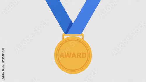 A gleaming gold award medal with a blue ribbon, representing recognition, excellence, and triumph in diverse competitions and achievements