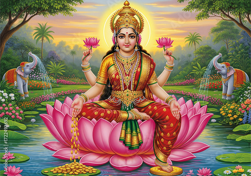 Goddess Lakshmi seated on lotus, elephants, water, flowers, wealth, Hindu deity illustration.