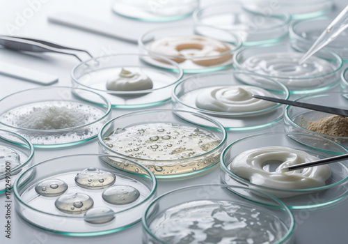 Skincare Laboratory Cosmetic Ingredients, Cream Samples, Scientific Research, Glass Petri Dishes, Beauty Product Analysis, Cosmetic Science.