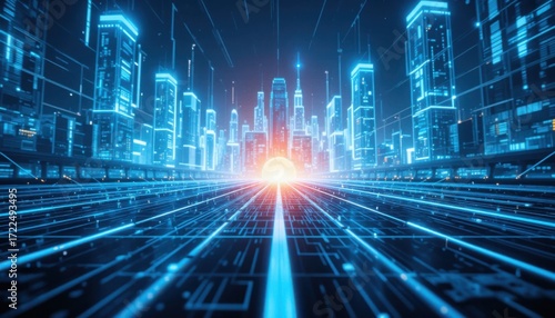 A digital graphic image depicting a futuristic smart city in a cyberpunk or digital world style.