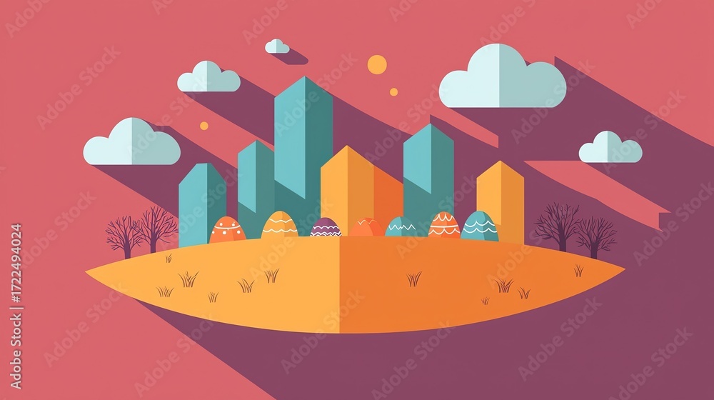 Naklejka premium Flat Design Cityscape with Easter Eggs
