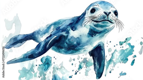 Colorful Watercolor Seal Swimming in Clear Blue Water Splash