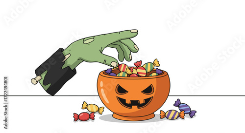 An engaging flat design illustration featuring a friendly zombie hand carefully reaching into a festive Halloween candy bowl. 