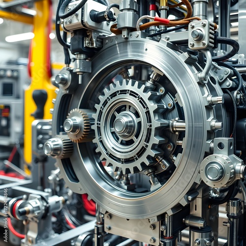 Close-up of a complex industrial machine with intricate gears, cylinders, and metal components in a factory setting.