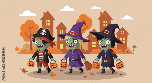 A delightful flat design illustration depicting a group of adorable zombie children in costumes, happily walking down a street for trick-or-treat. This vibrant 2D vector art captures the communal joy.