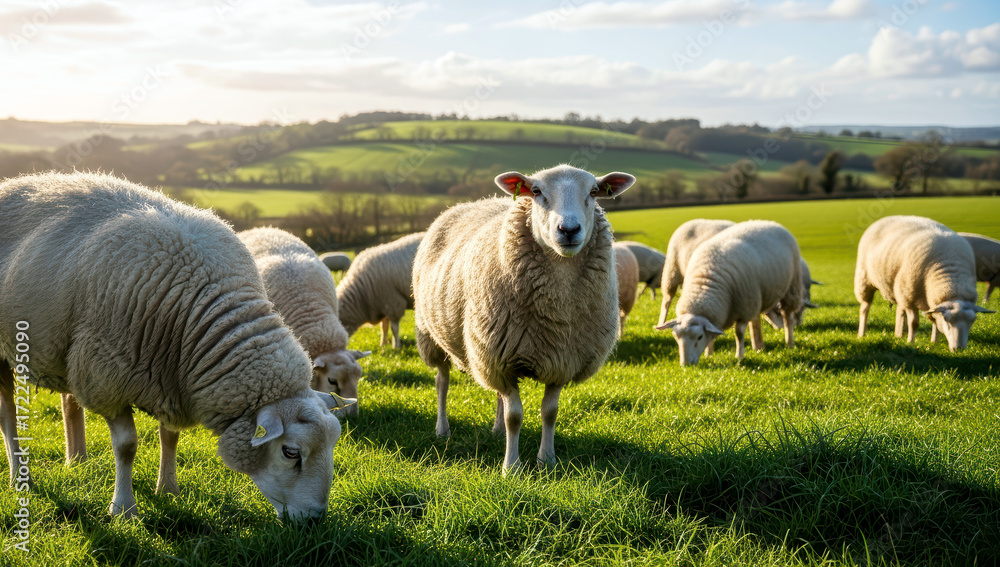 Obraz premium 초원에서 풀을 뜯는 어미양과 새끼 양