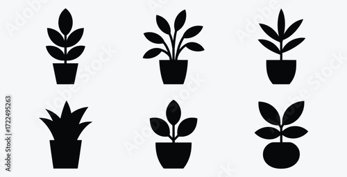 Collection of houseplant icons in minimalistic black silhouette style various shapes
