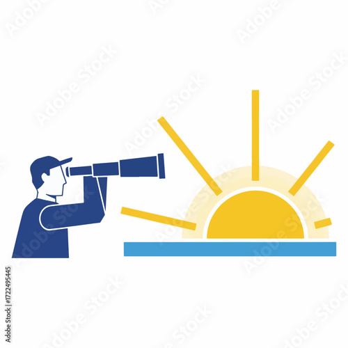 Flat vector 2D icon — illustration of a person with a telescope looking at a rising sun, symbolizing focus shaping the future