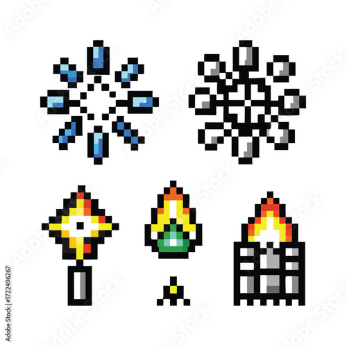 Fireworks VFX 8-Bit Pixel Art Icon Set. 5 Retro Explosion Sprites for Game Assets