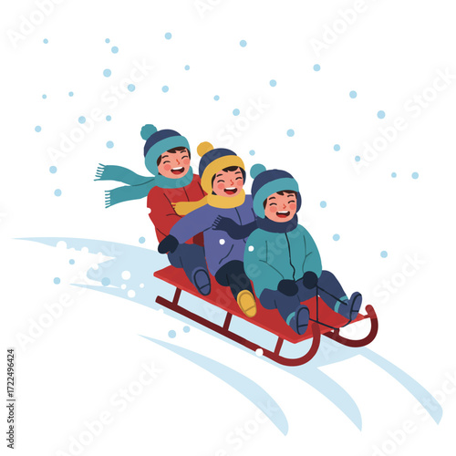 Three laughing children, bundled in thick winter clothing, joyfully slide down a gentle snowy hill on a vibrant red sled with soft snow falling, in a clean 2D flat vector style.