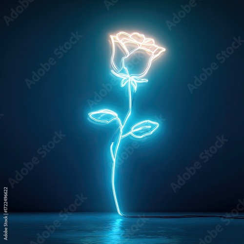 Neon rose silhouette, glowing against dark background