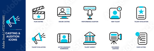 Casting & Auditions Blue Colored Outline Icon Set