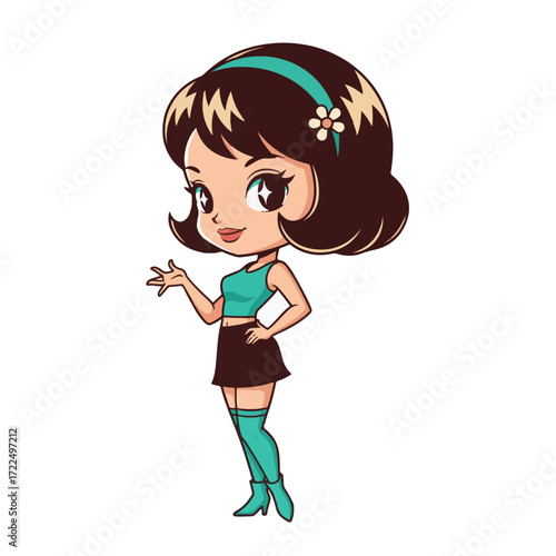 Retro anime-style chibi girl striking confident fashion model pose with one hand on waist and other hand slightly raised, head tilted with elegance, flat 2D vector.