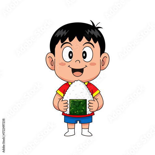 Flat vector 2D illustration — Happy Boy Eating Rice Ball cartoon gilphy character with retro 1980s Japanese anime style.