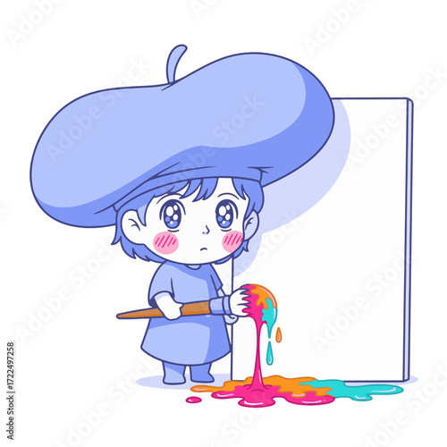 Flat 2D vector illustration, gilpy-style character anime 1980s inspired, oversized beret hat, wide dreamy eyes, tiny body holding paintbrush dripping exaggerated colorful blob.