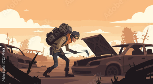 A lone scavenger with a large backpack inspects the engine of a derelict car in a post-apocalyptic setting.