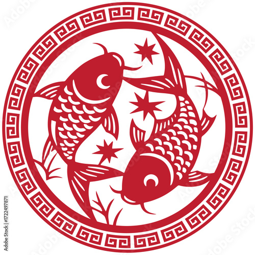 Vector Illustration of Double Koi Fish in Classic Chinese Papercut Style with Circle Pattern and Geometric Border, Cultural Symbol of Good Fortune, Success, Marriage, Balance and Festival Decoration