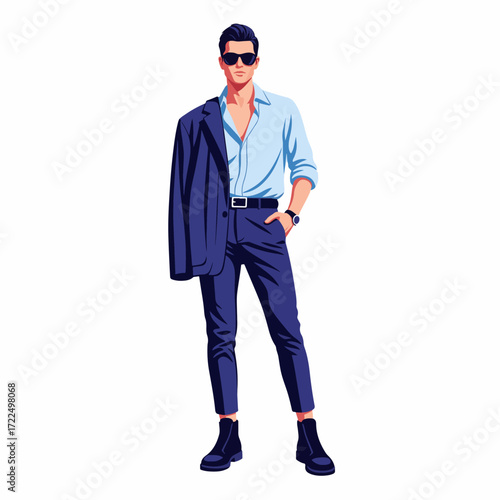 Flat 2D vector illustration, fashion model standing with jacket draped over shoulder, hand in pocket, strong confident gaze.