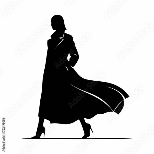 Flat 2D vector illustration, fashion model silhouette walking on runway with long flowing coat.