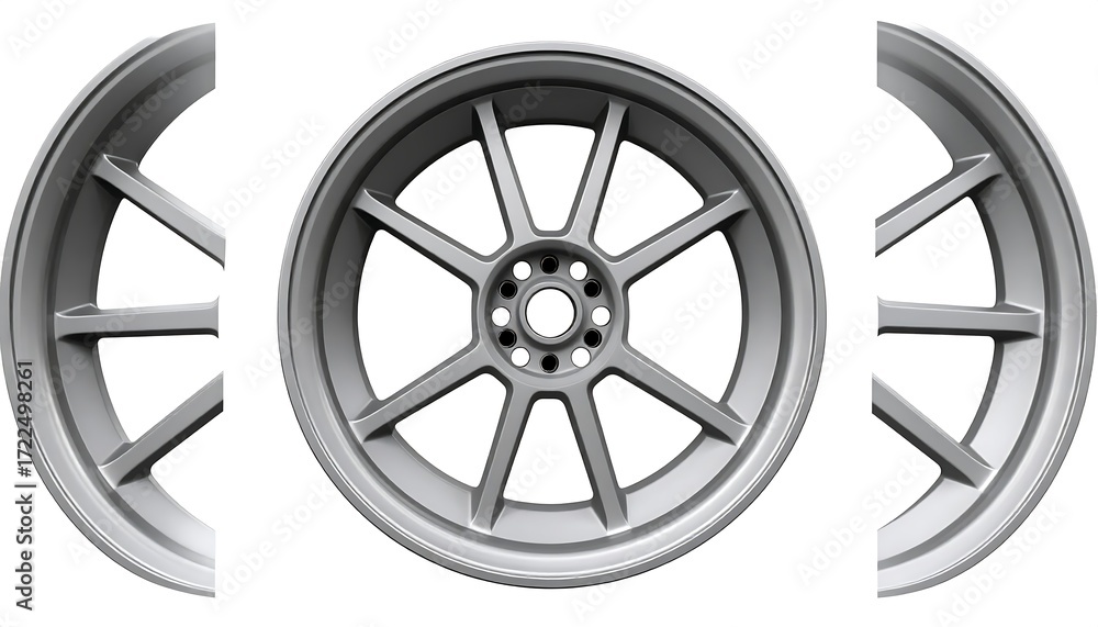 Fototapeta premium Three views of a metallic gray alloy wheel
